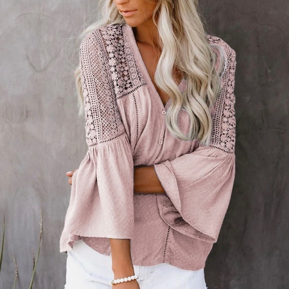 Love Stitch Boho Du Jour Crochet Blouse - Color Pink Size Small - Picture 1 of 8